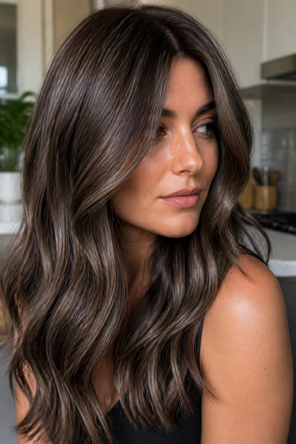 Close-up of a person with cool chocolate ash brown hair and espresso lowlights