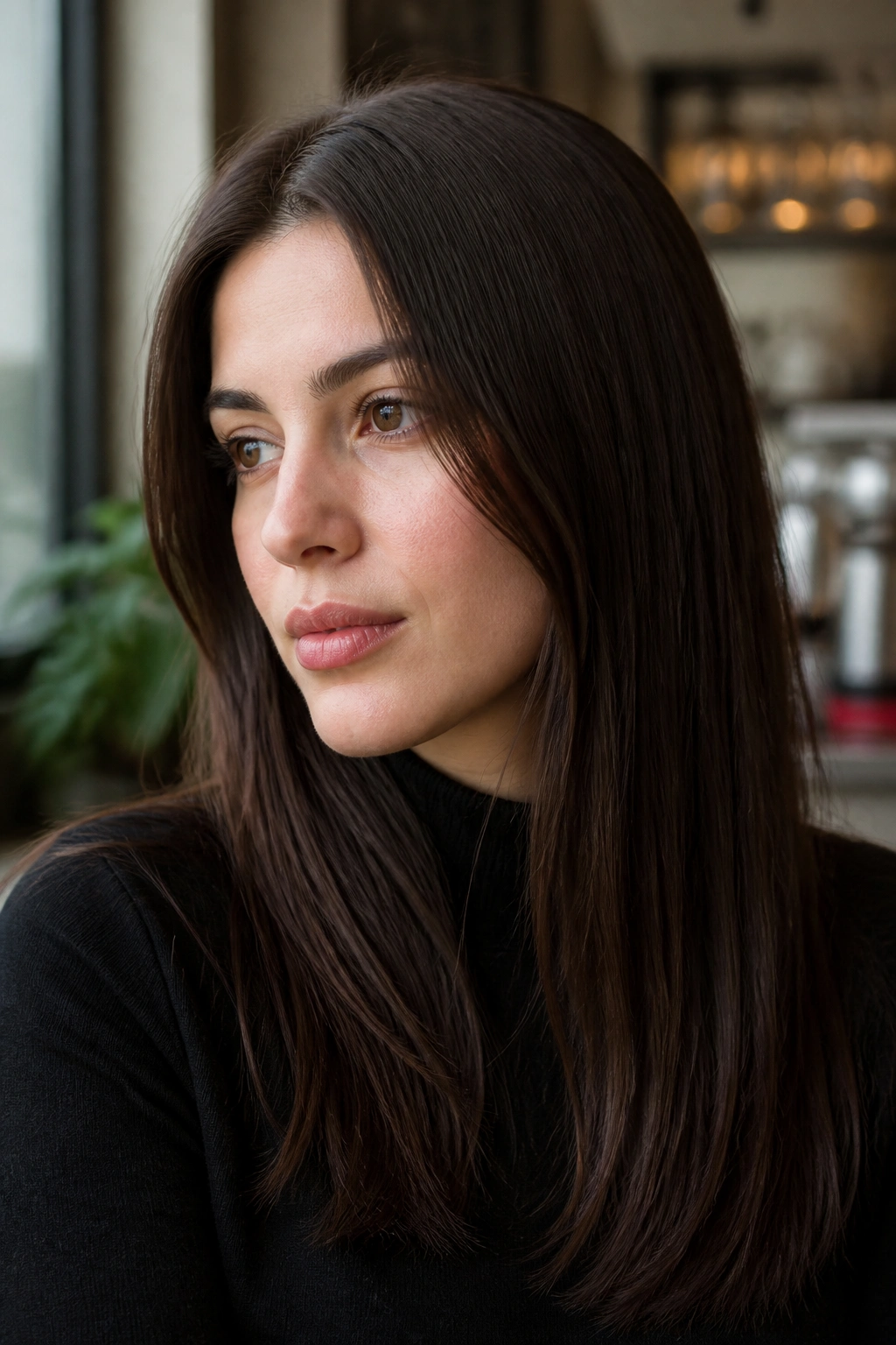Close-up portrait of a real woman with cool chocolate brown hair in a cafe setting