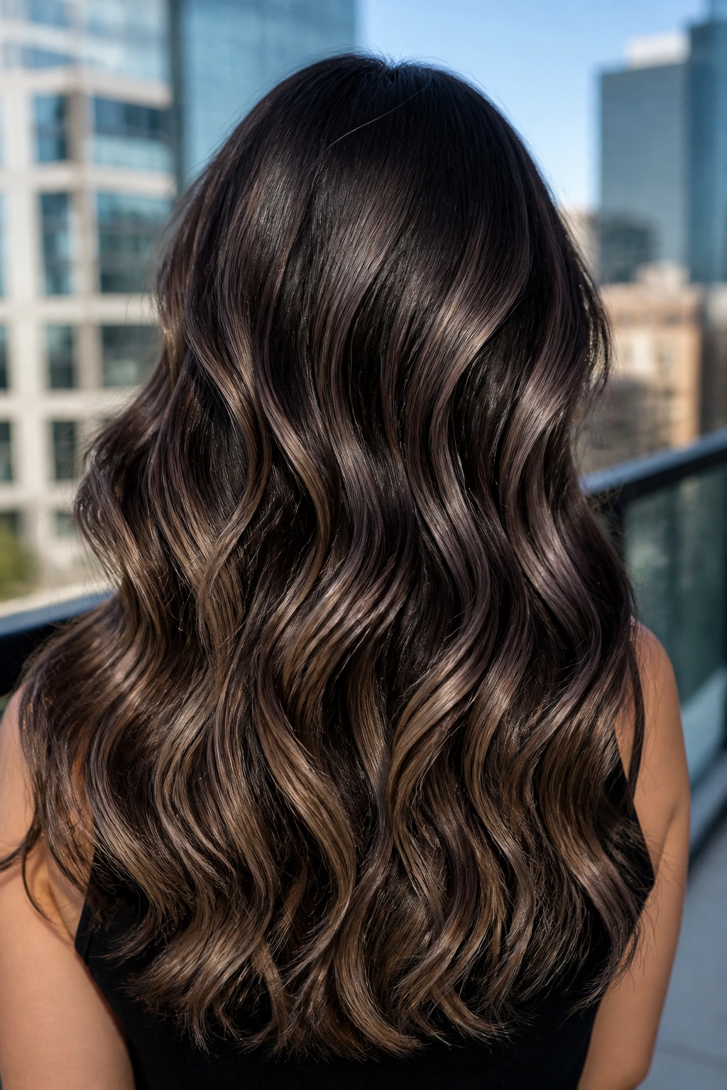 Back-of-head shot of dark hair with cool cocoa balayage ribbons