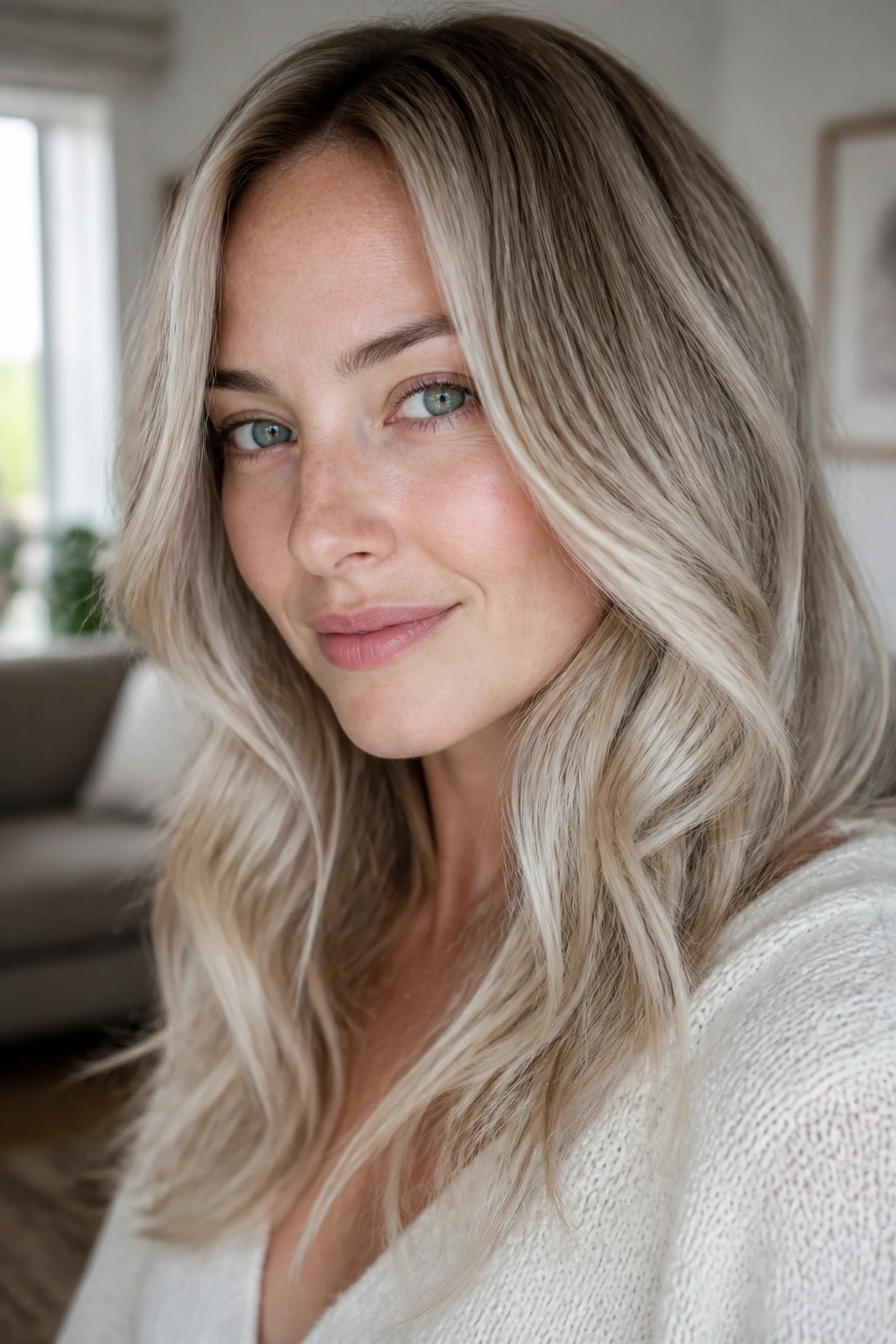 Close-up of a real woman with cool cream balayage featuring creamy pale pieces and cool undertones.