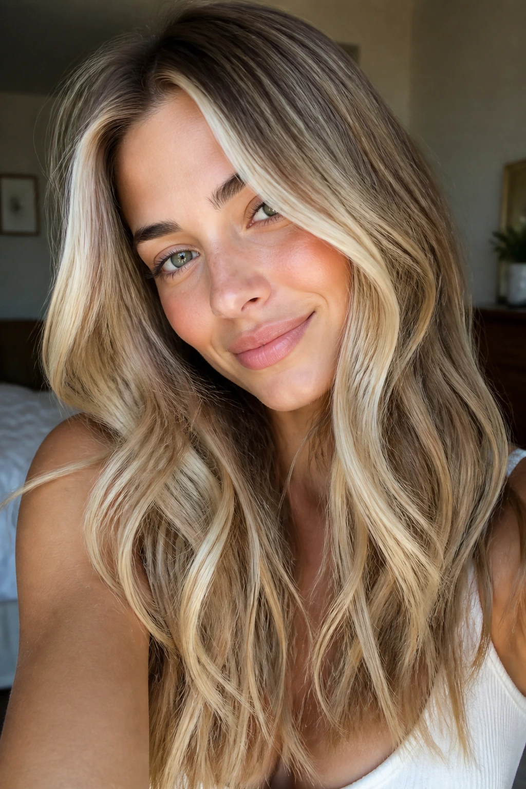 Close-up portrait of a real woman with dark blonde hair and cool cream highlights framing the face