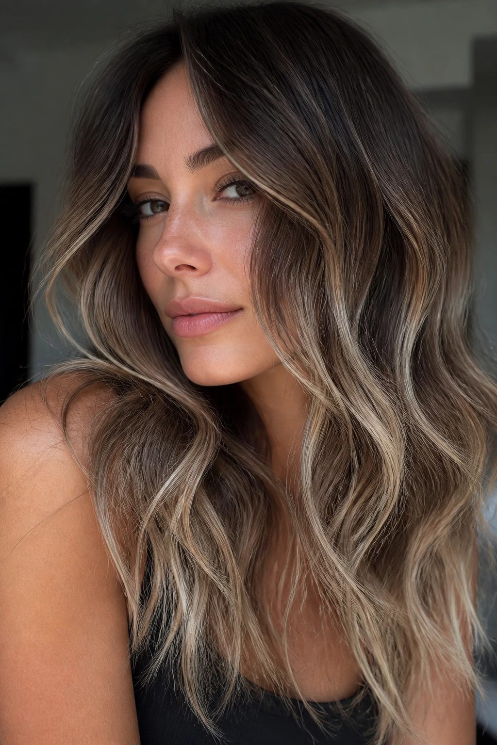 Close-up of a woman with cool mocha hair and frosted ends.