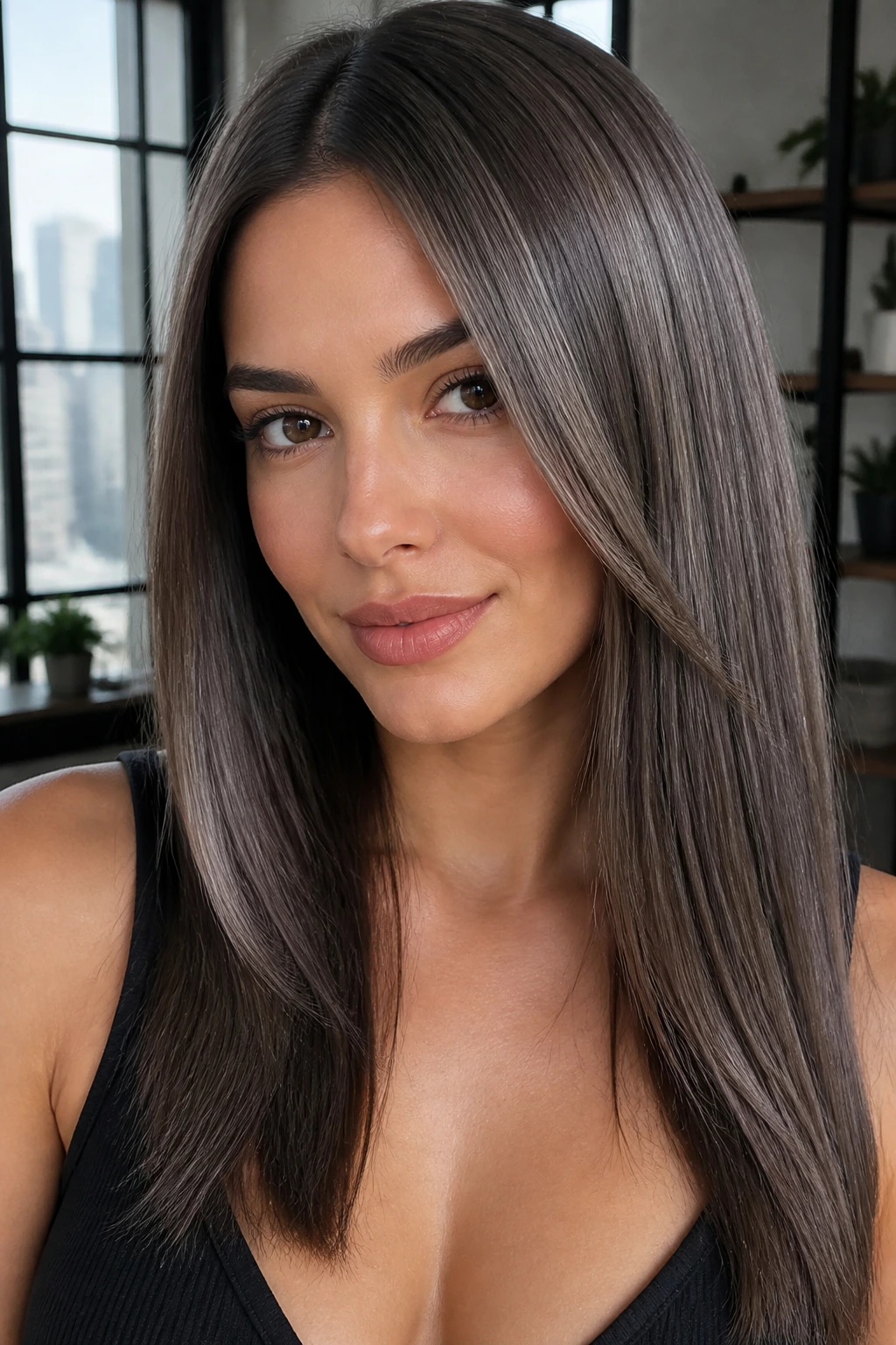 Close-up portrait of a real woman with cool mocha hair and silver gloss.