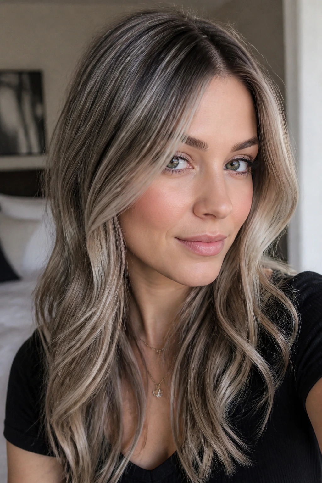 Close-up of a real woman with cool mushroom melt hair color featuring smoky root and ash beige ends.