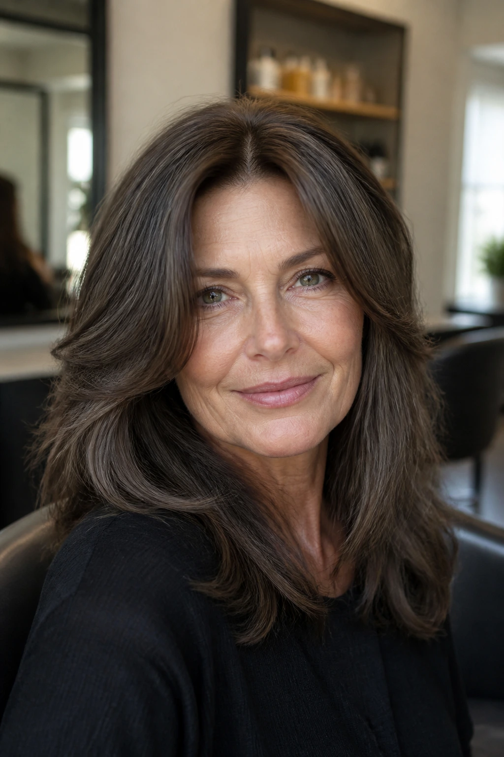Close-up portrait of a real woman with cool roast brown hair in a softly lit salon-like setting