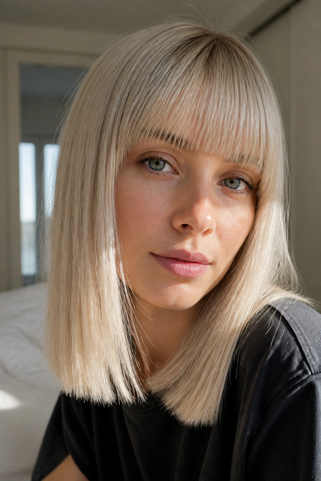 Portrait of a real woman with cool vanilla blonde hair and blunt fringe