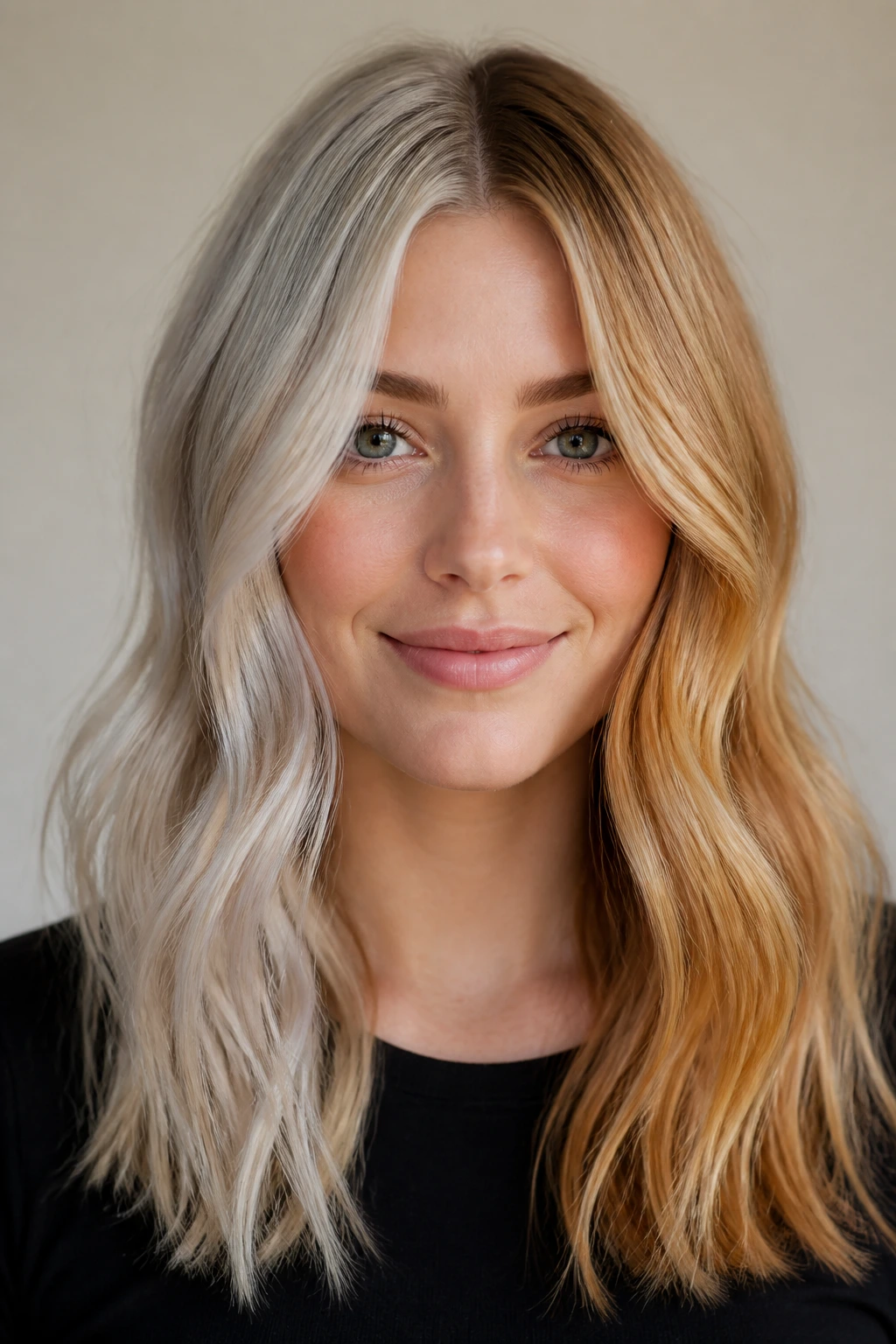 Portrait showing cool ash vs warm honey blonde on two-tone hair with neutral background.