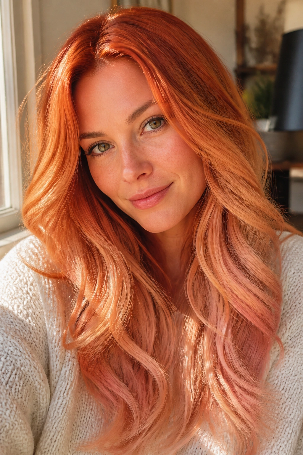Close-up portrait of long wavy hair with copper roots, apricot mid-lengths, and strawberry peach ends in warm window light