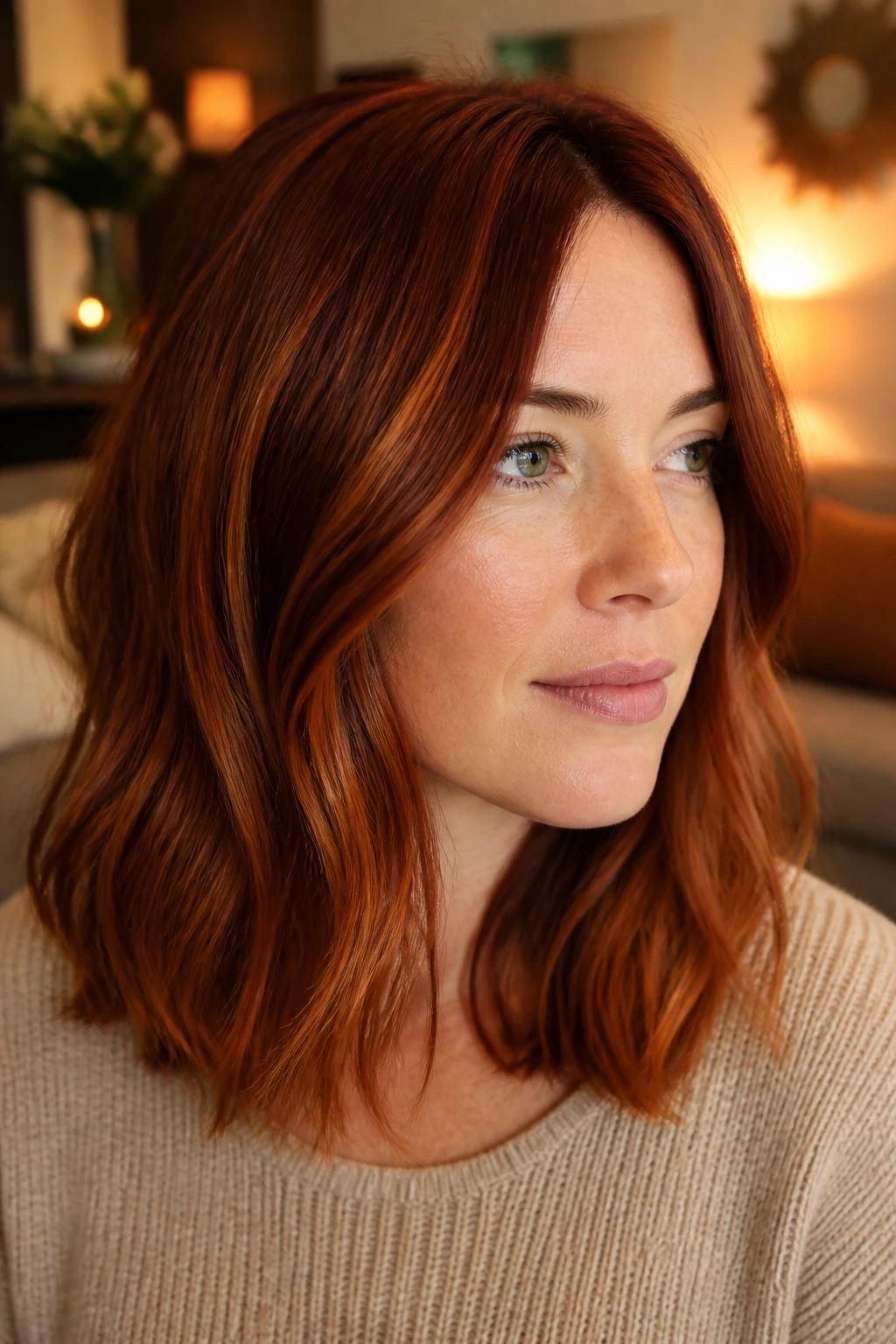 Close-up of auburn hair with copper tea-light balayage on a real person.