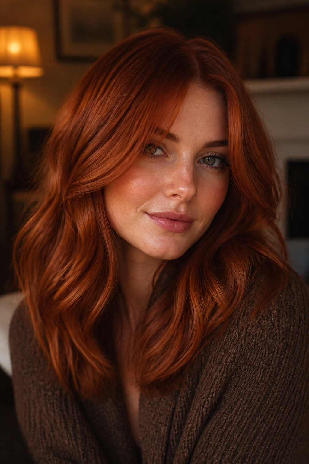 Close-up portrait of a real woman with glossy copper auburn hair lit by warm window light