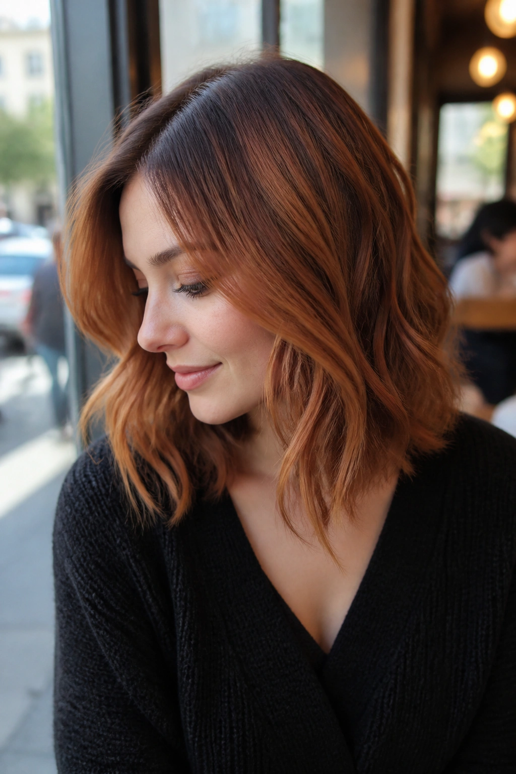 Close-up of copper auburn hair with soft shadow root on a real person