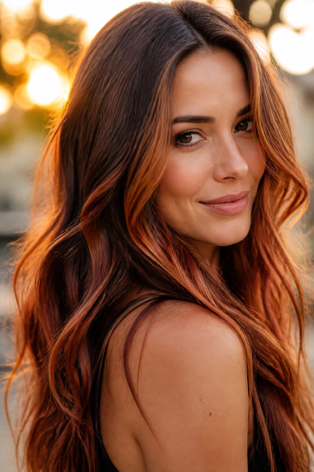 Close-up of a real woman with long brown hair and copper balayage in golden hour light