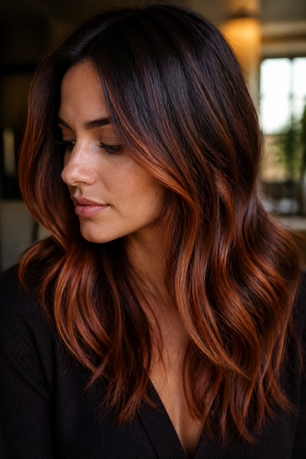 Close-up of copper balayage on dark brown hair of a real woman