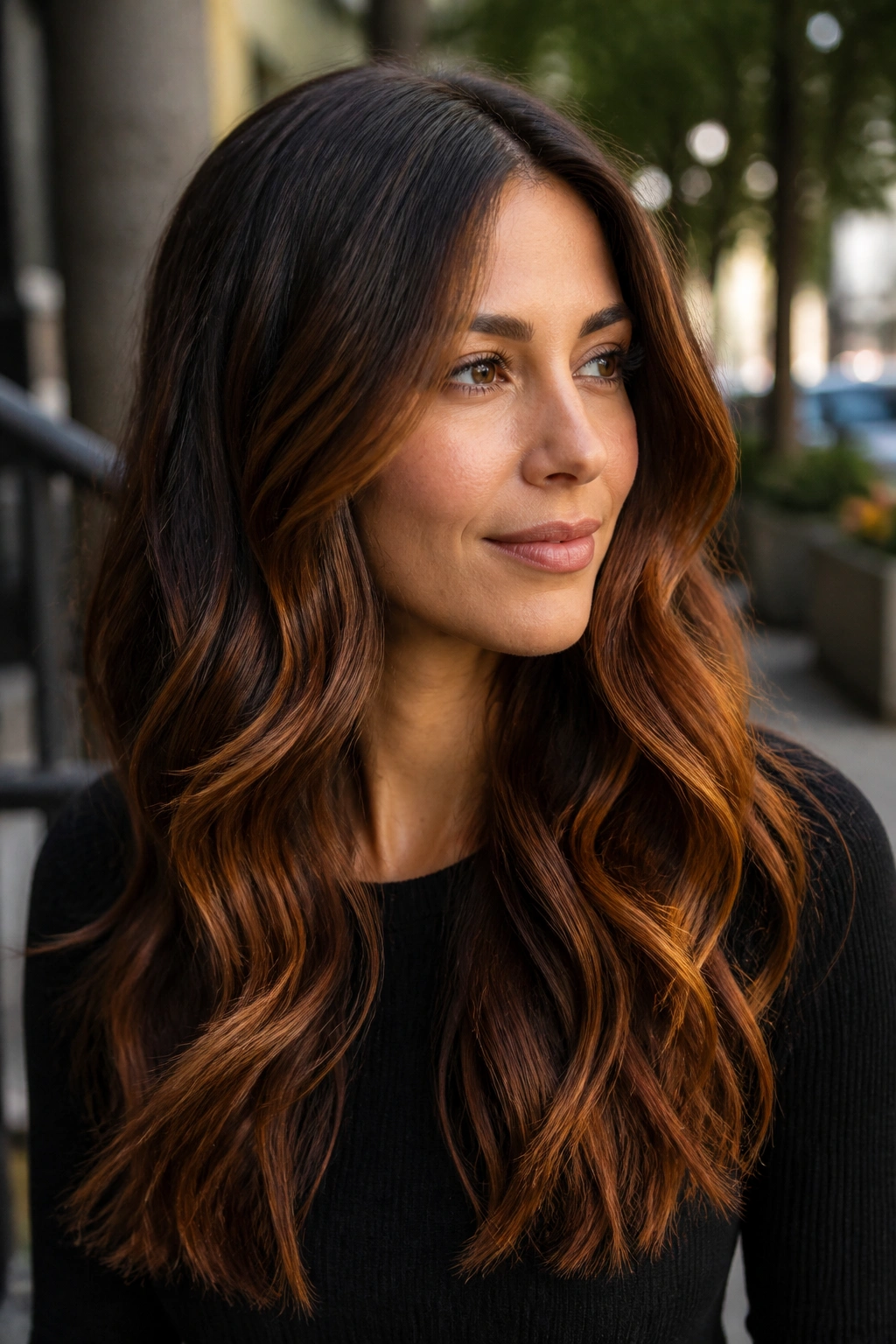 Close-up portrait of a real person with copper balayage on brunette hair in an outdoor setting