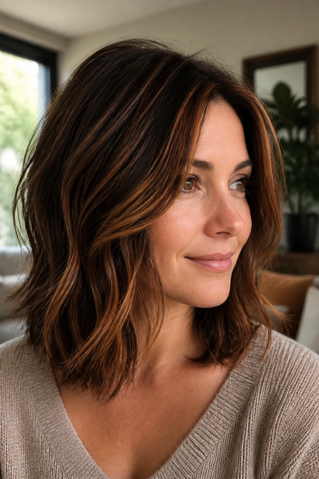 Close-up of real woman's copper balayage on shoulder-length hair with face-framing strands