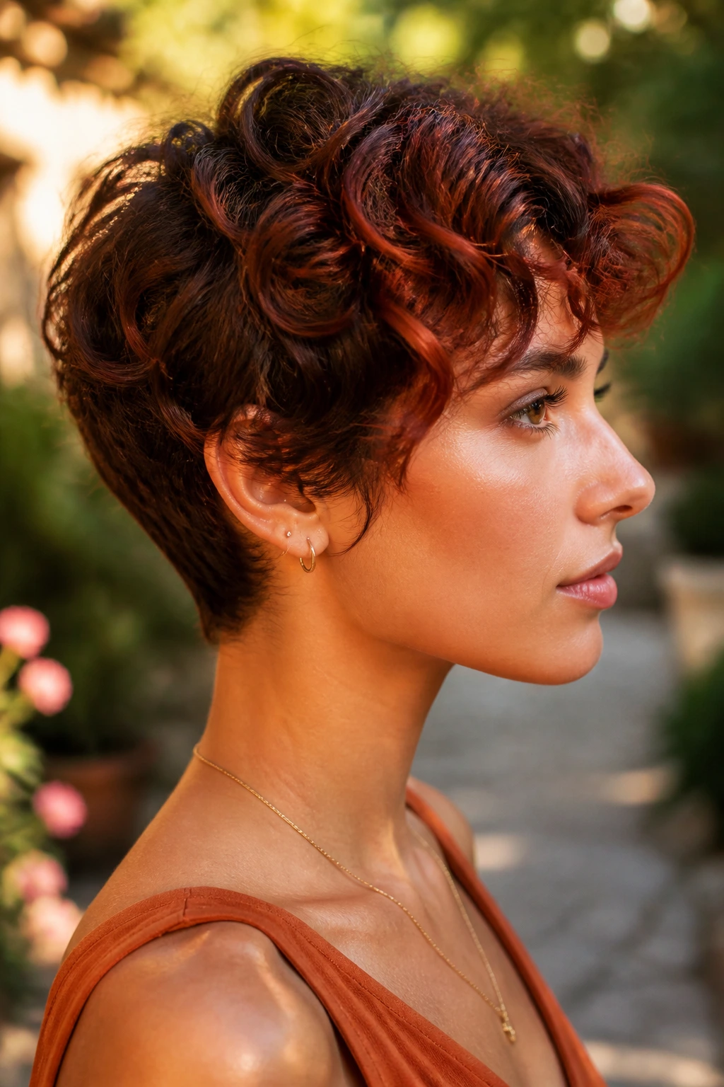 Close-up of a real person with copper balayage on curly pixie.