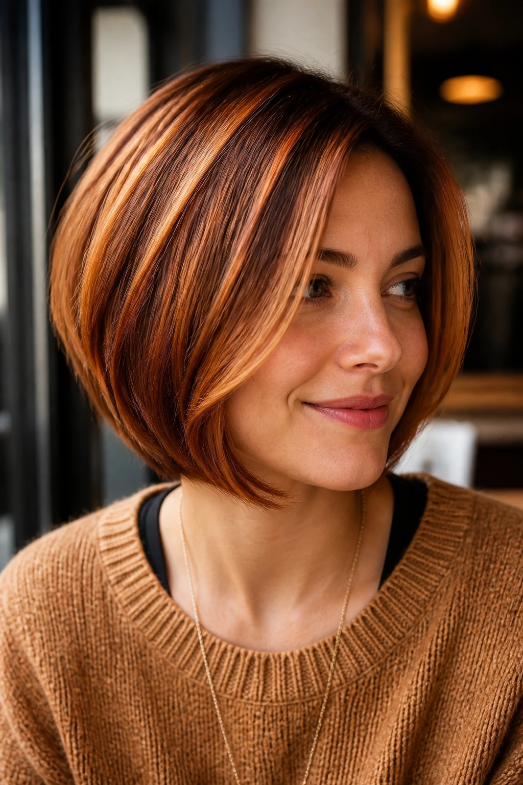 Close-up of a rounded bob with copper balayage ribbons around the face