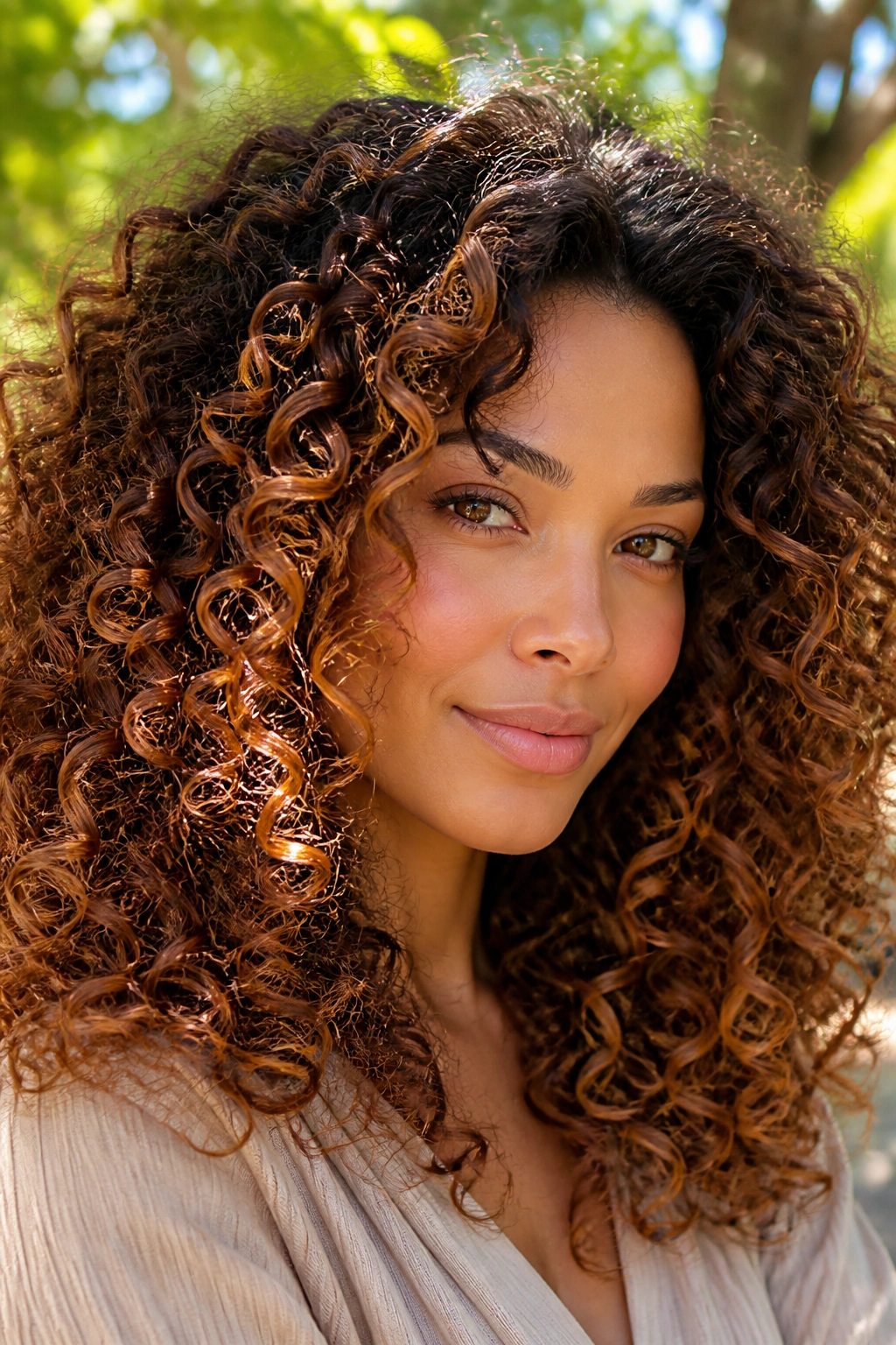 Close-up springy ringlets with copper balayage
