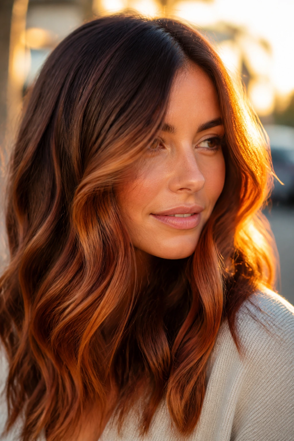 Close-up of copper sunrise balayage on wavy chestnut hair