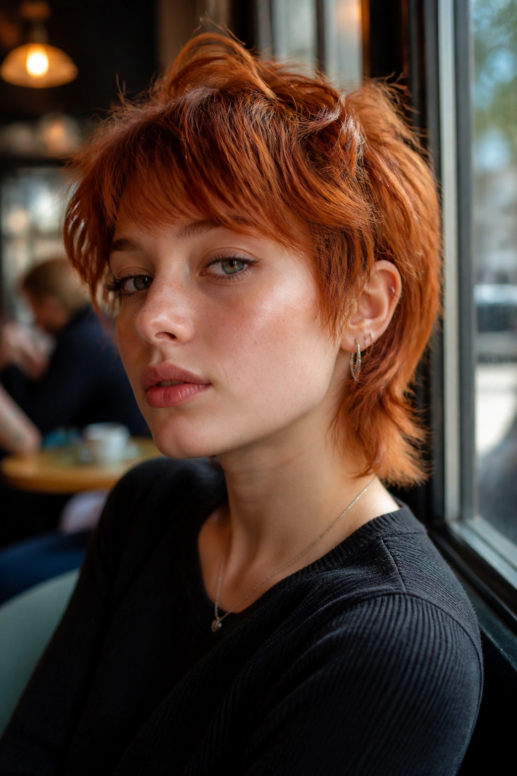 Close-up of a real person with Copper Bixie Wolf Cut by a sunlit cafe window