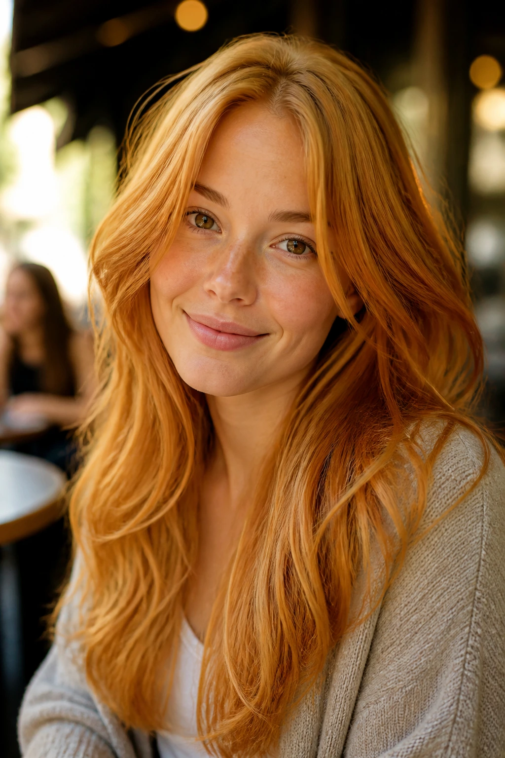 Close-up of a real person with copper blonde hair in warm street-cafe light