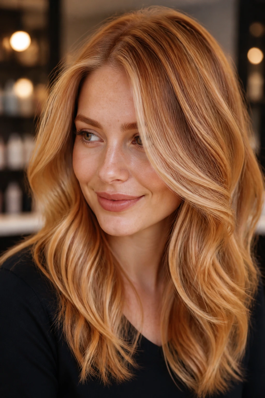 Close-up of copper-infused blonde hair on a real person