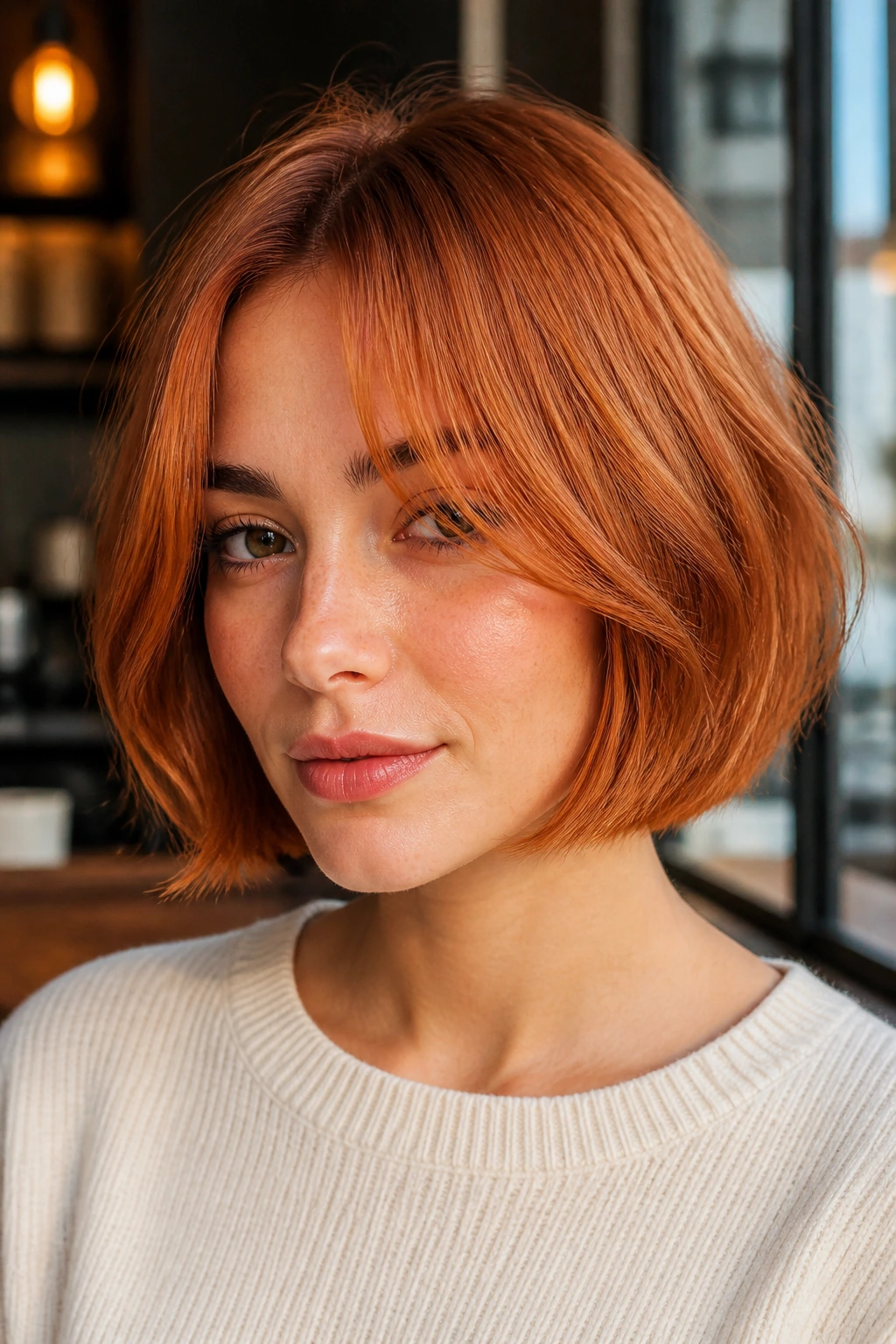 Real person with copper bob and airy curtain fringe in warm lighting.