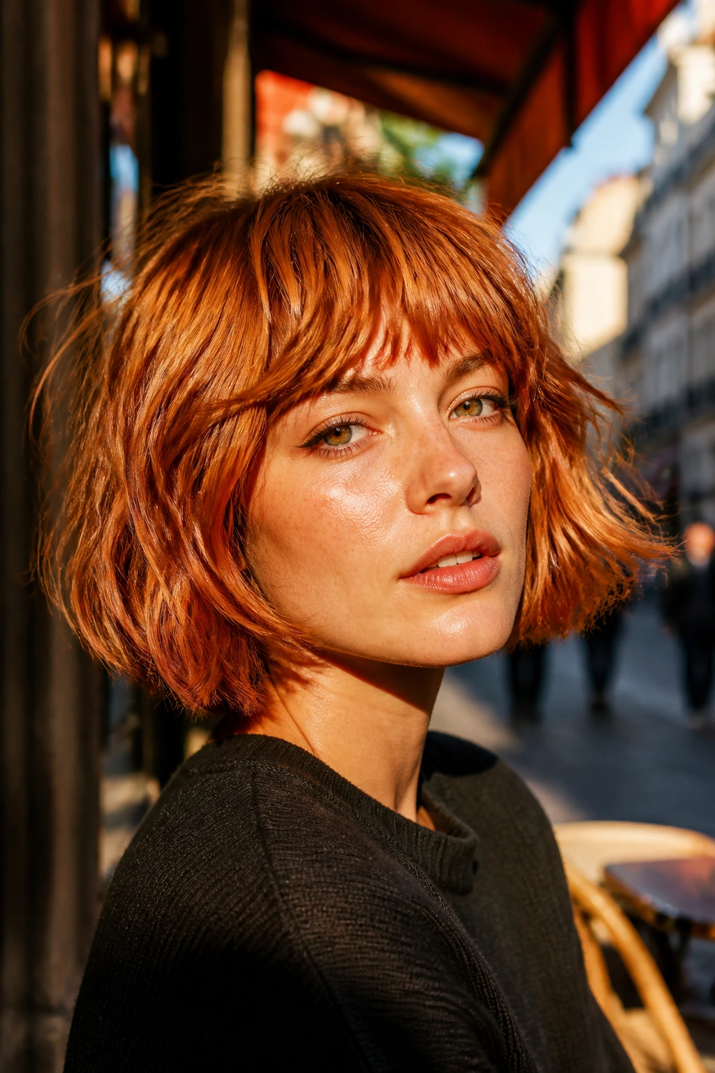 Head-and-shoulders portrait of copper Italian bob with choppy bangs outdoors