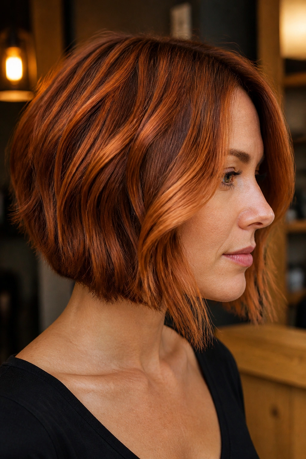 Profile of real woman with copper bob and sculpted side bend in warm interior lighting