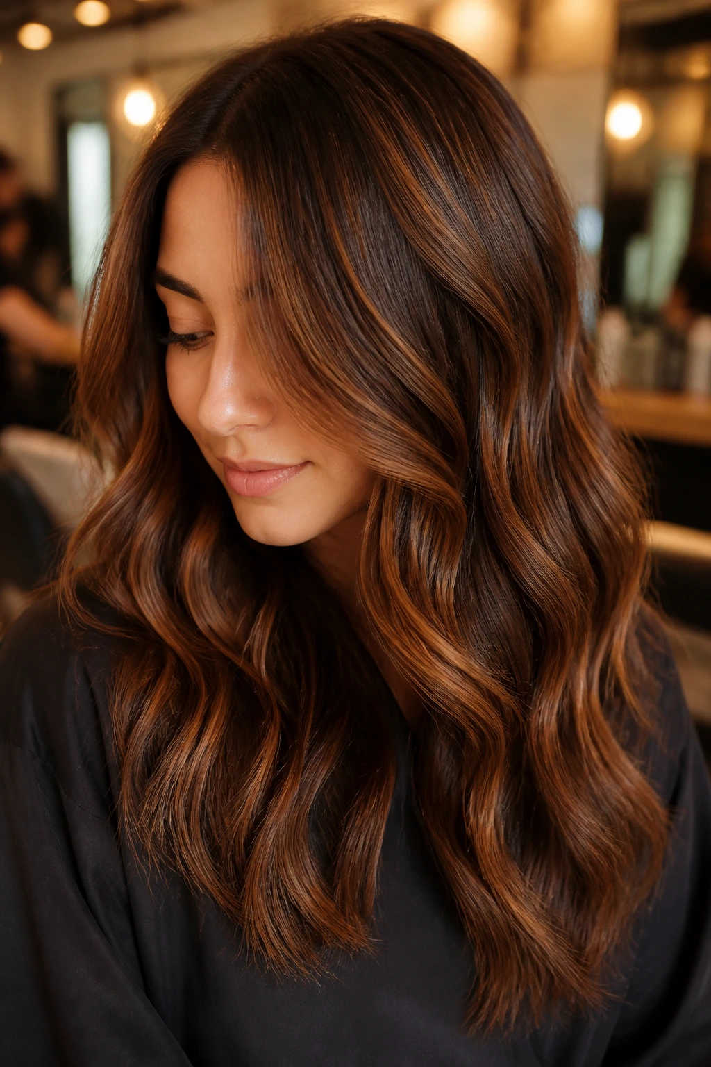 Close-up portrait of copper brown hair with cinnamon highlights in warm indoor light
