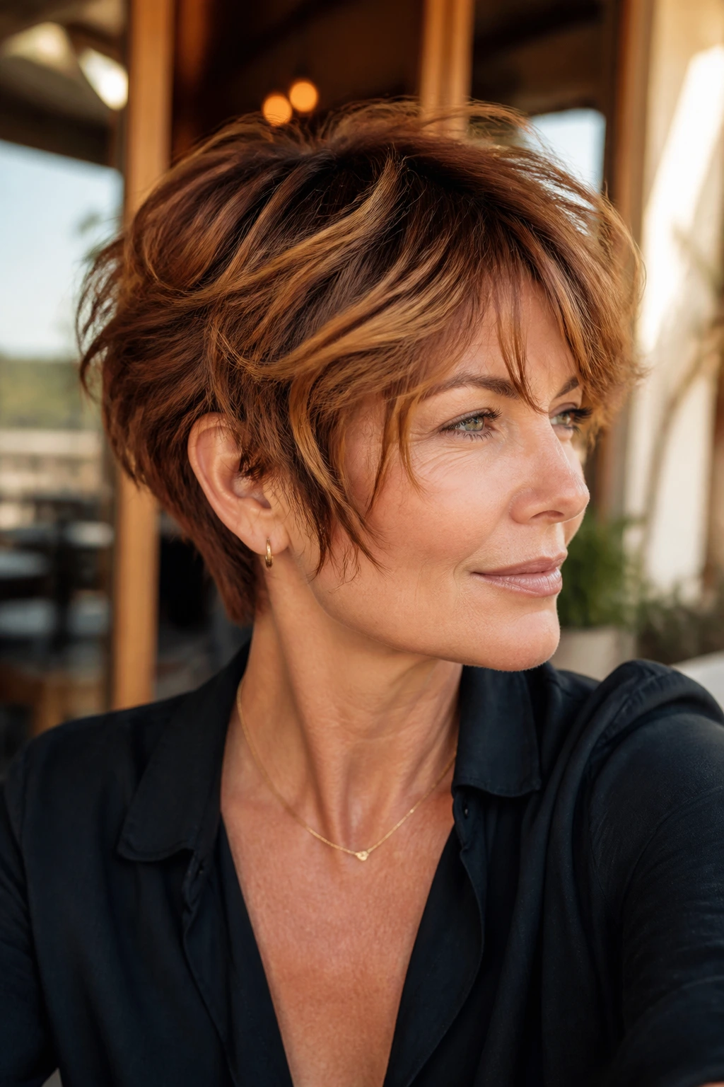 Close-up of a real person with a short layered cut and copper caramel highlights.