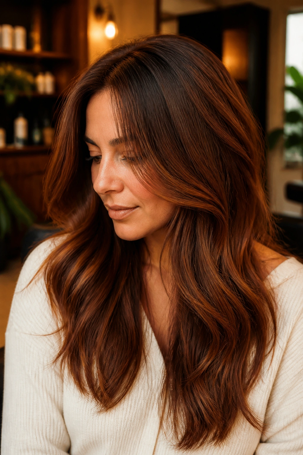 Brunette hair with copper cinnamon glaze showing warmth and translucence