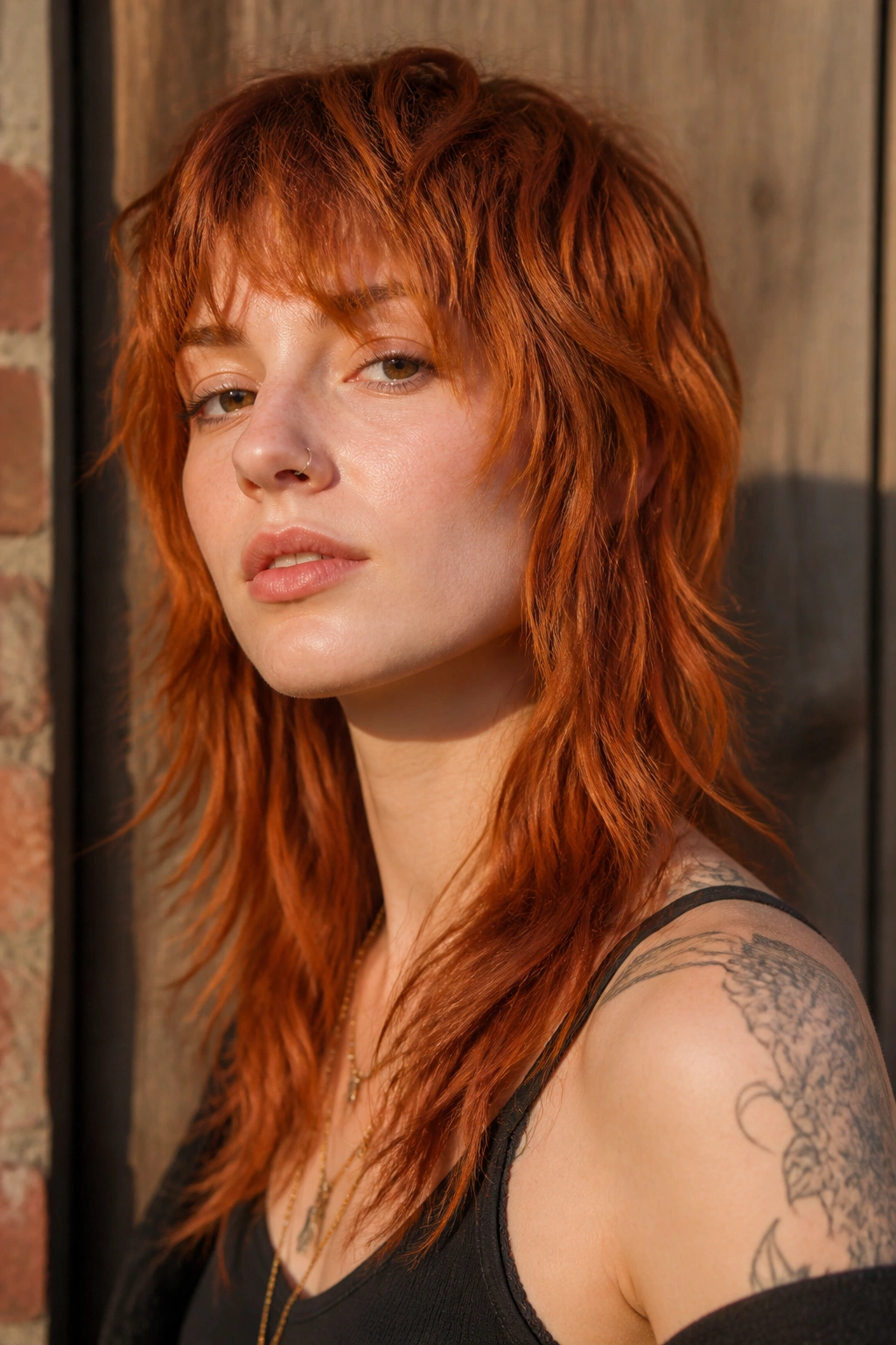 Close-up portrait of a real person with copper-color long shag mullet and choppy ends