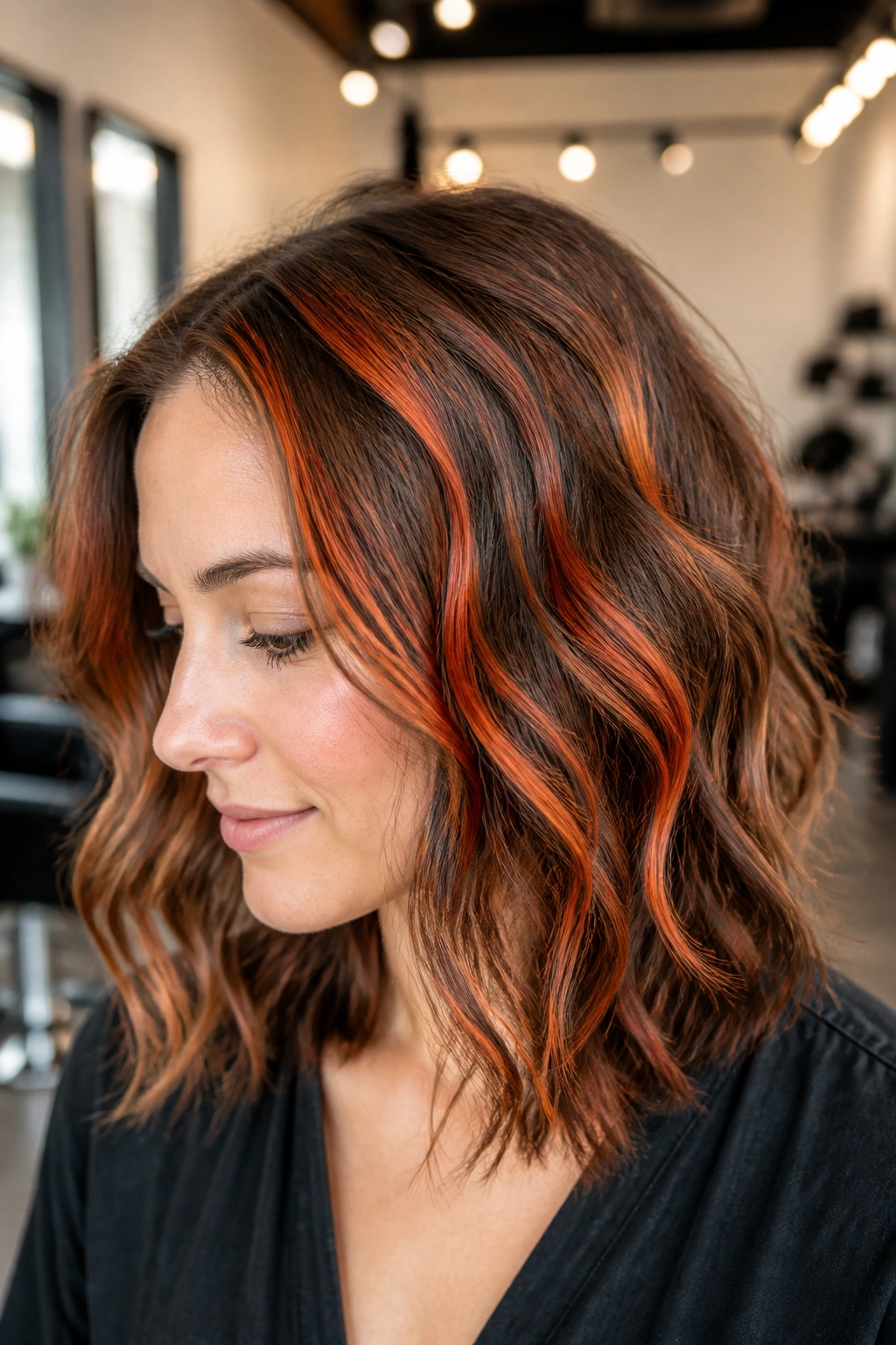 Close-up of a real woman's hair showing copper coral ribbons through waves