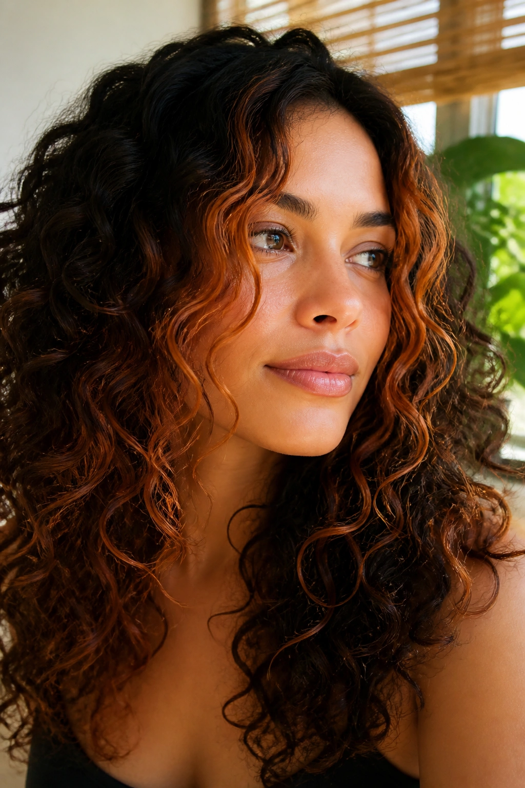 Close-up of a real woman with deep brunette curls and a copper face frame at the front