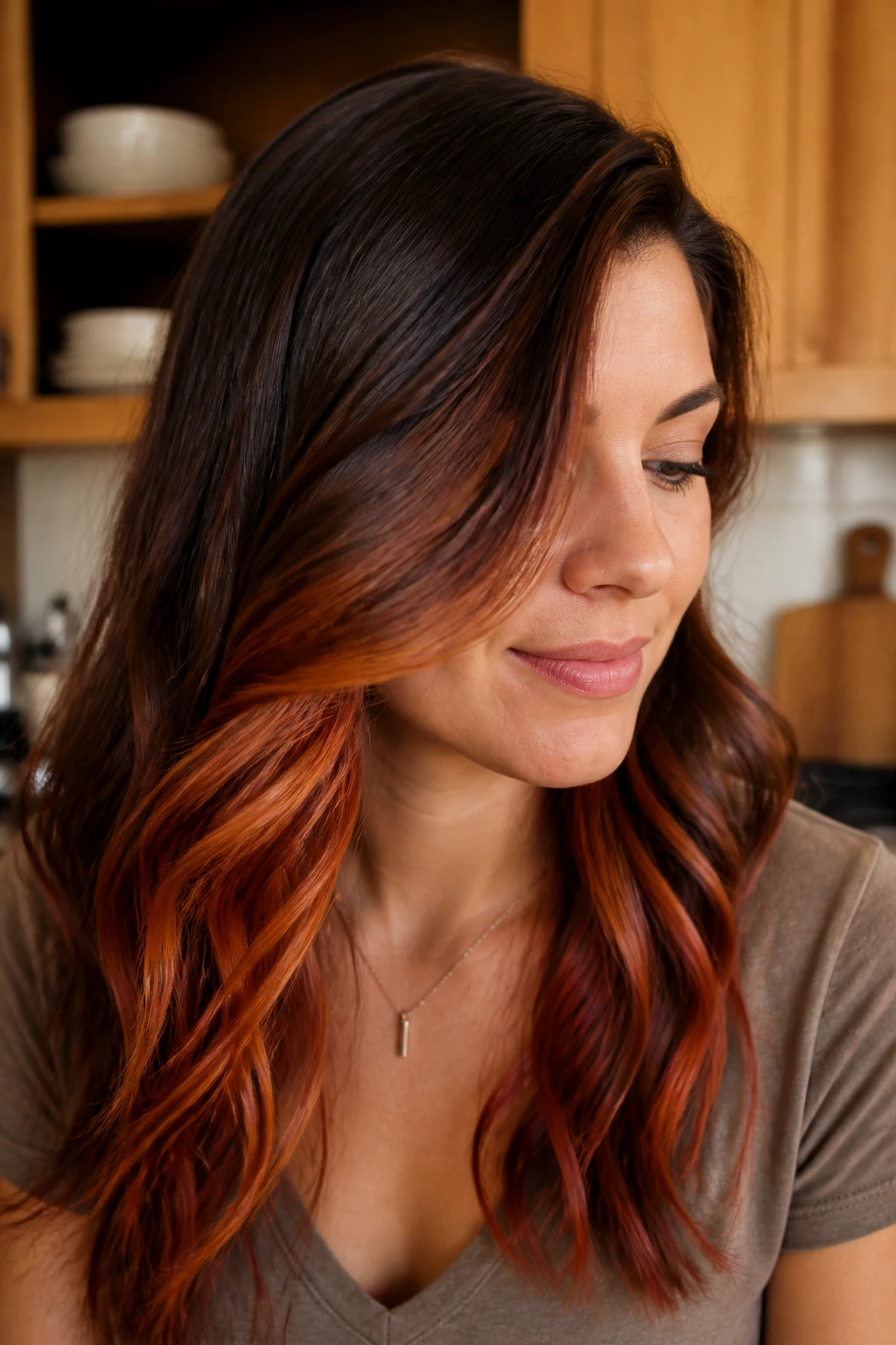 Close-up portrait of a real person showing copper/ginger peekaboo hair against brunette base in warm kitchen light
