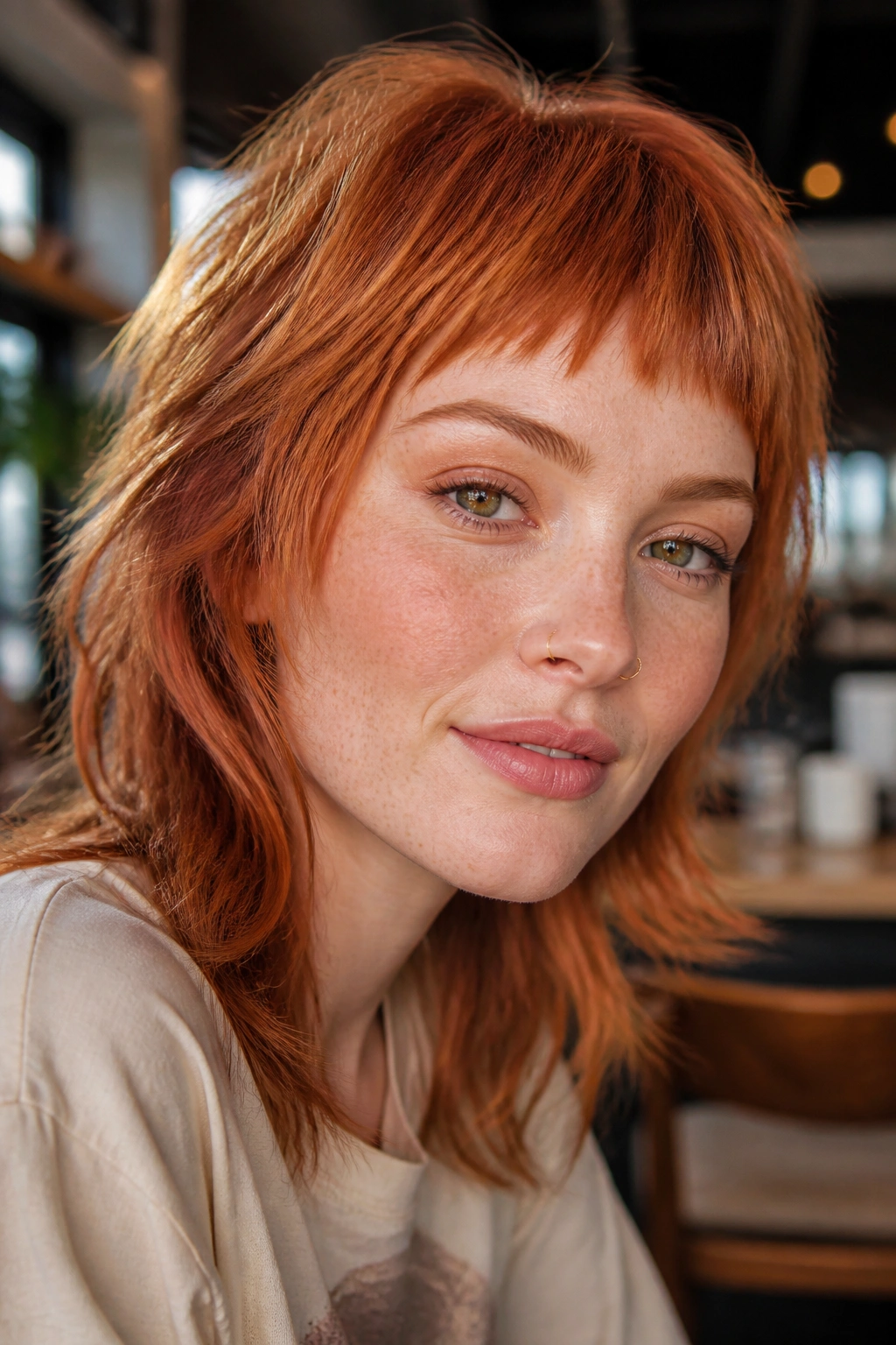Real person with Copper Ginger Wolf Cut With Micro Fringe, fringe above brows.