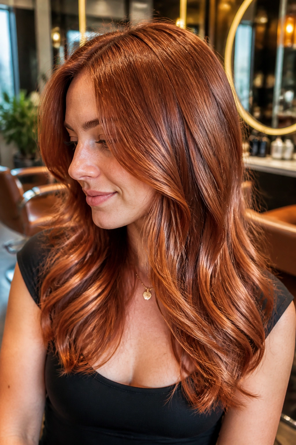 Portrait of a real woman with copper gloss hair in a chic salon setting