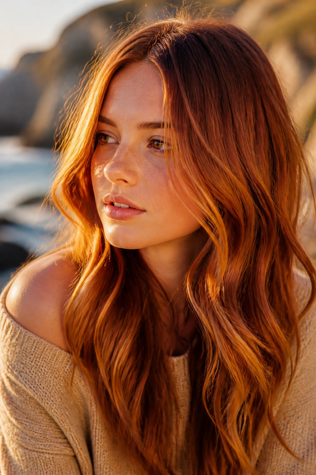 Auburn hair with copper-gold highlights catching light.
