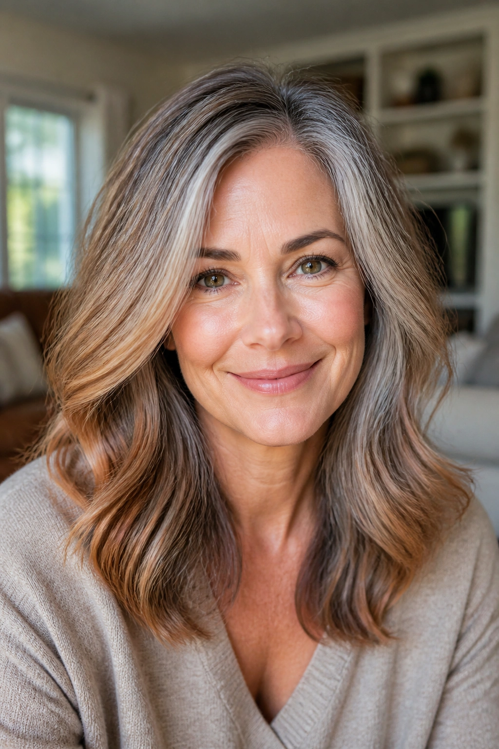 Real woman with copper-softened grey transition highlights