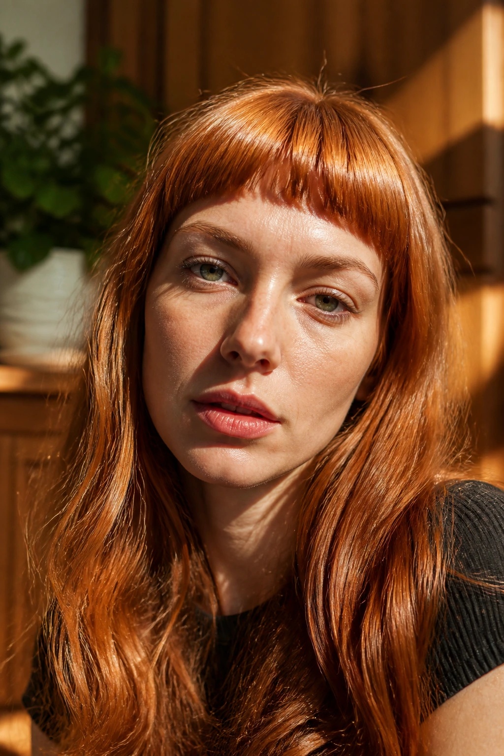 Close-up of a person with copper hair and baby bangs in sunlit room