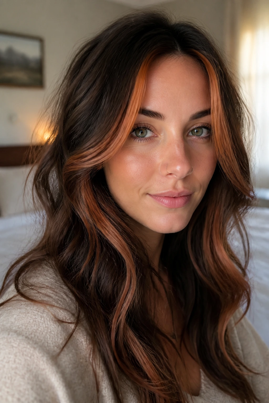 Close-up portrait of a real woman with copper face-framing pieces around her face