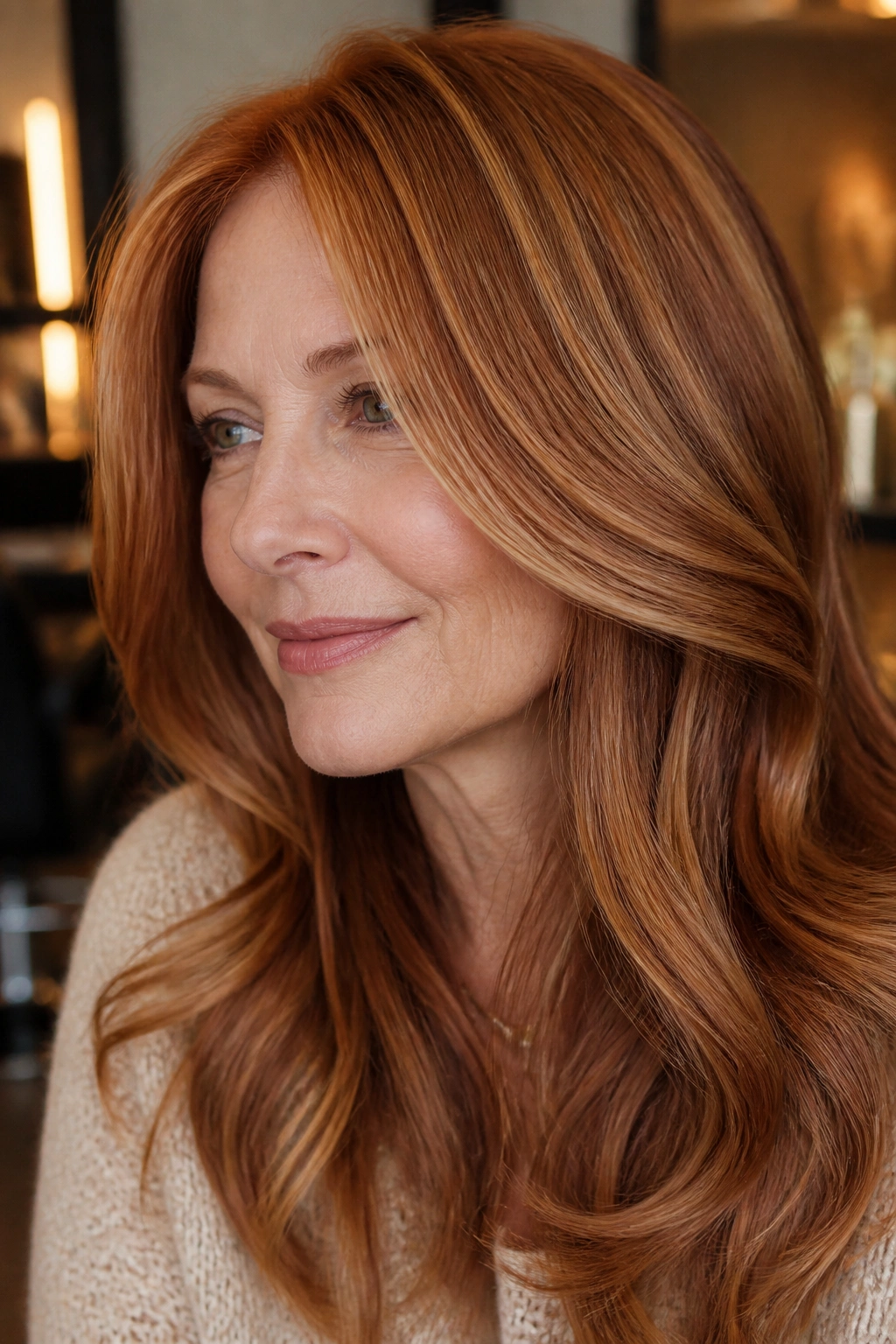 Close-up of copper hair with fine gold threads on a real woman