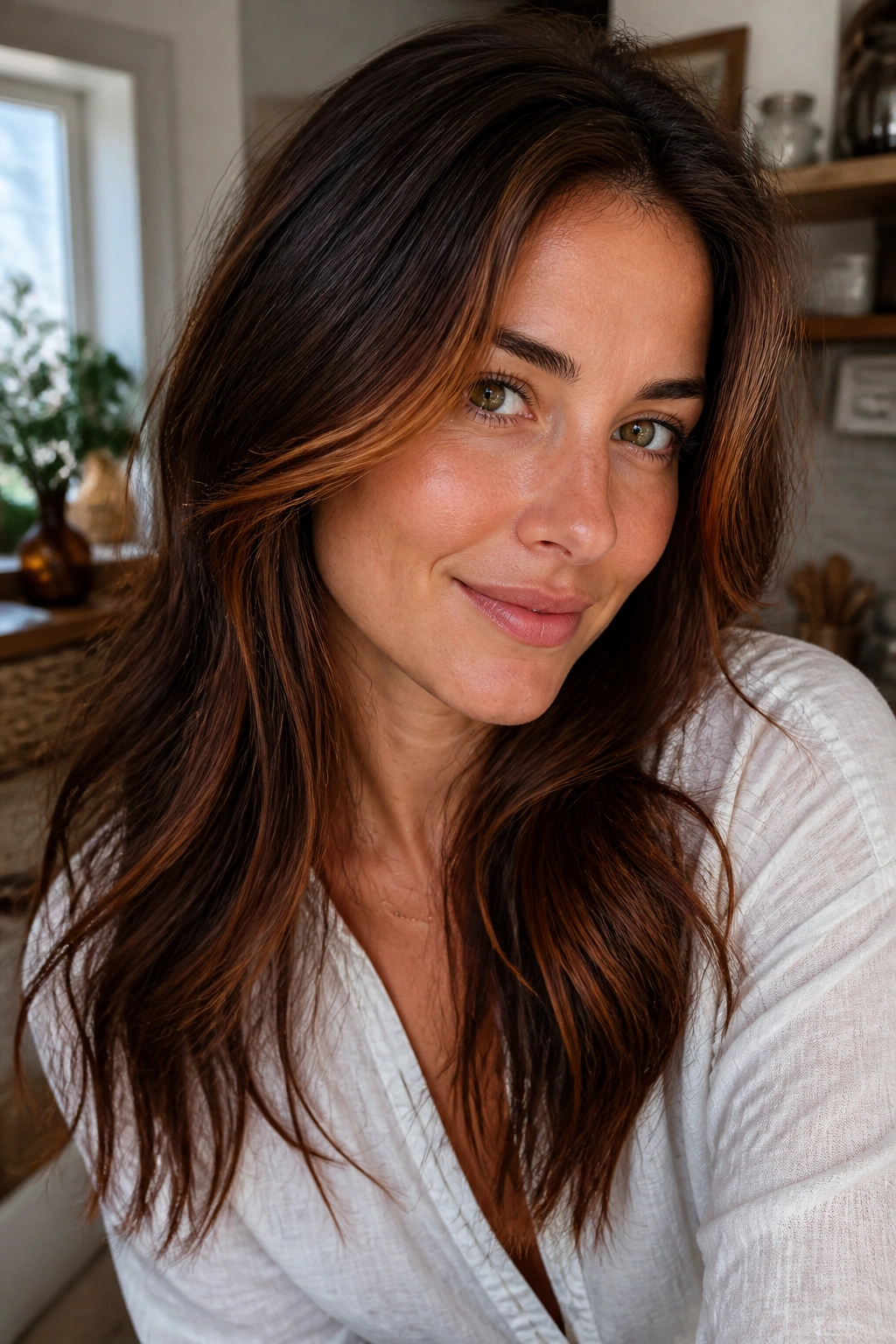 Close-up of brown hair with copper whisper highlights