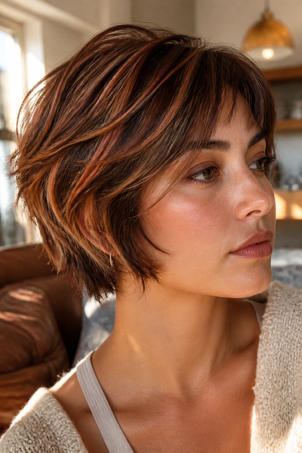 Close-up of chestnut short hair with copper highlights.