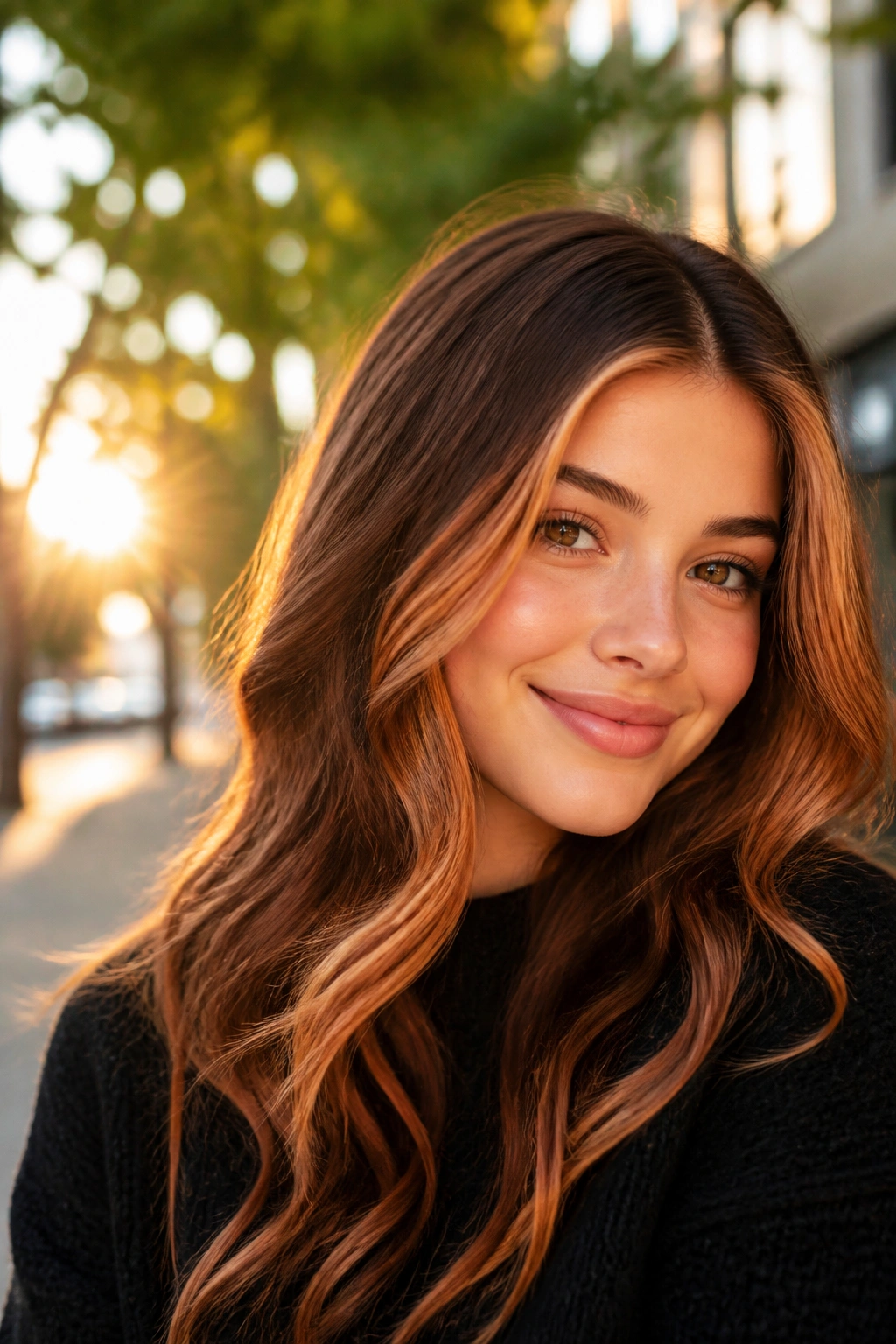Portrait of a woman with copper face-framing highlights outdoors during golden hour