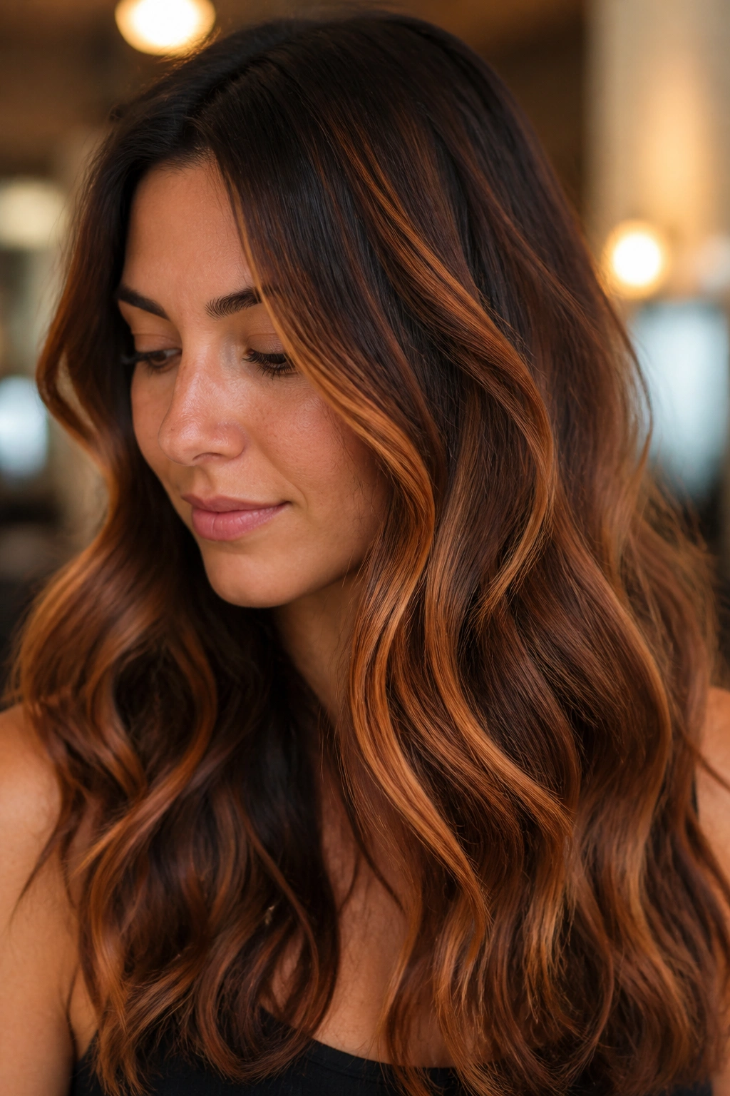 Real woman with copper ribbon highlights in loose waves.