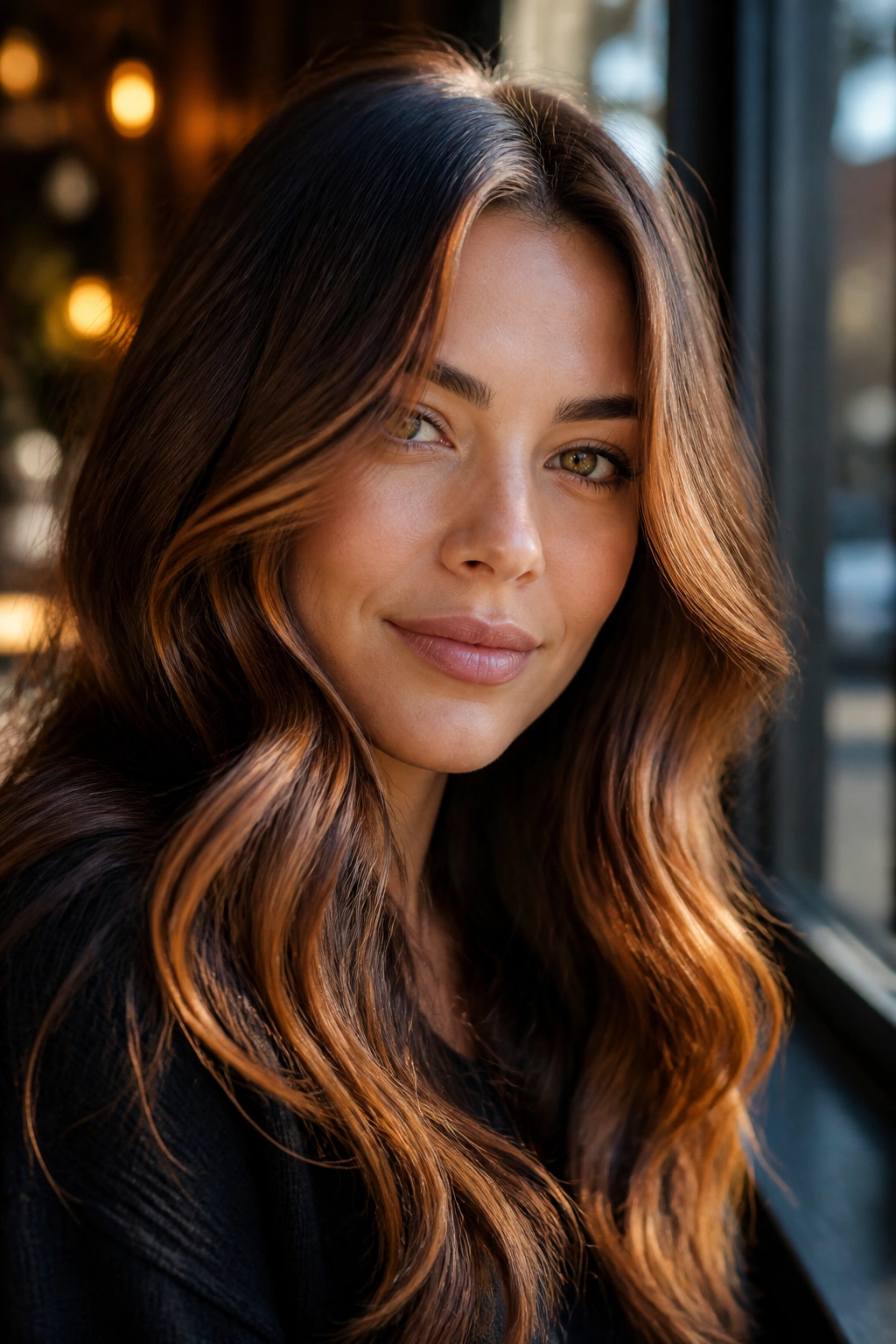 Close-up of real woman with copper-kissed brunette balayage