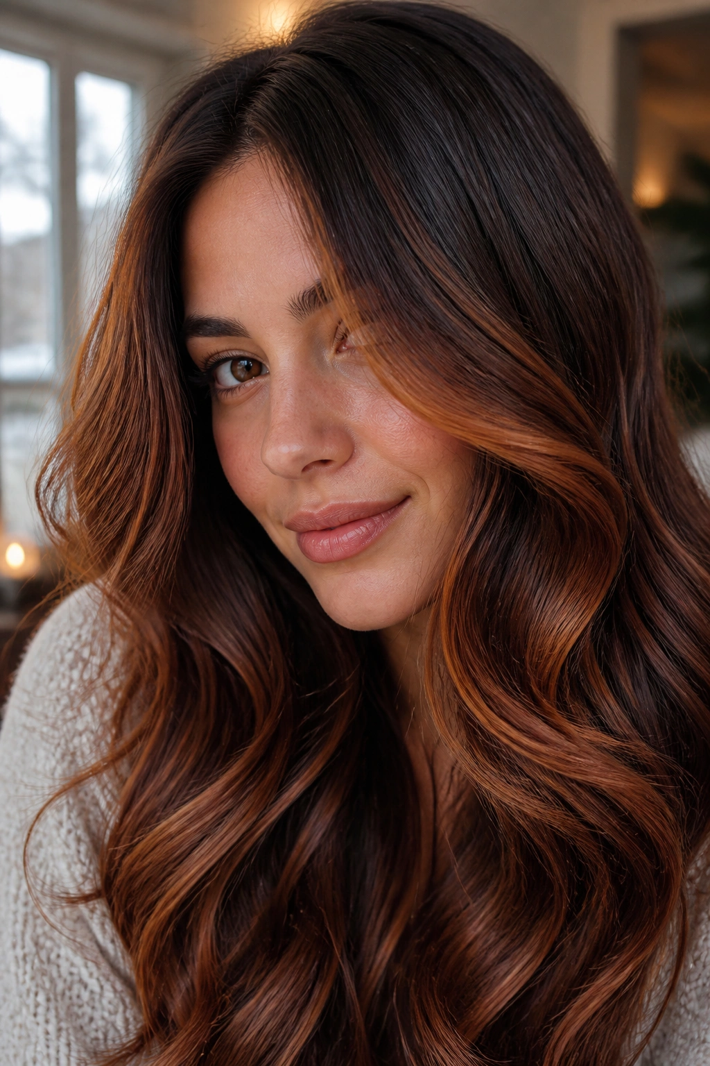 Close-up of a real woman showing copper-kissed brunette hair lit by warm window light