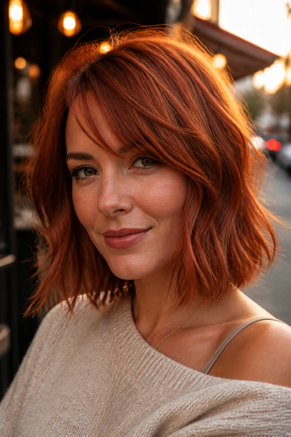Close-up of a real woman with Copper Lob With Side Bangs